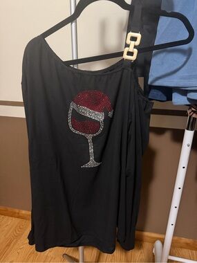Chic Me Black One-Shoulder Rhinestone Wine-Glass Detail Top 5xl
